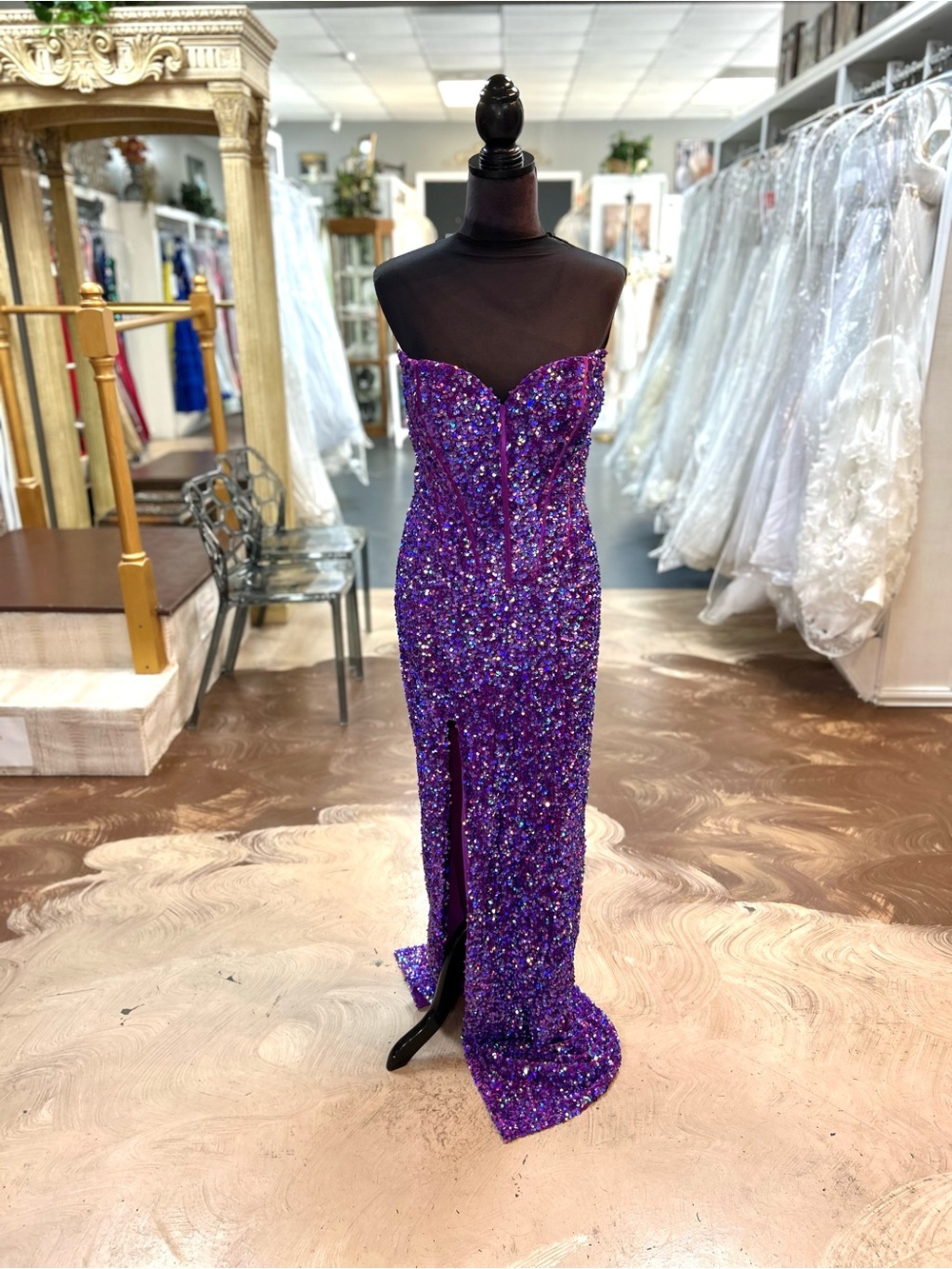 Portia and Scarlett Strapless Purple Sequin Prom Gown